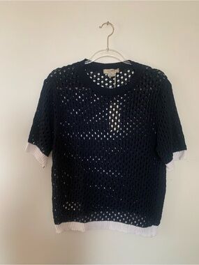 Astrid Navy Open-Knit Short Sleeve Tee with White Trim Available in S L XL
